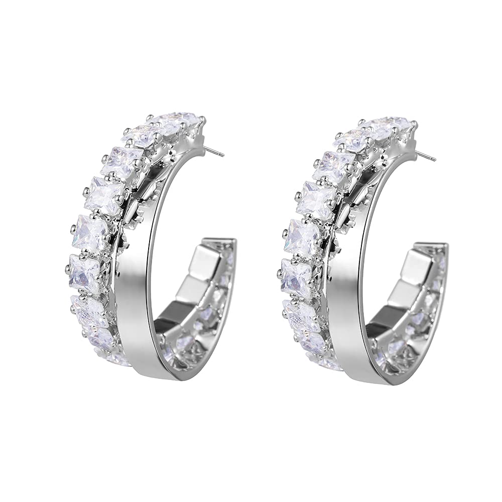 GANADARACubic Zirconia Chunky Hoop Earrings - Wide Layered Hoop Earrings with 14k Gold Plated Sterling Silver Post for Women Girl Daily Wear