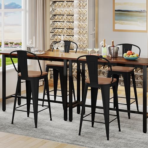 Butacos giratorios de metal Changjie Furniture para cocina y bar, espalda alta, set de 4, color negro mate con asiento de madera, altura 26 pulgadas miniatura 5
