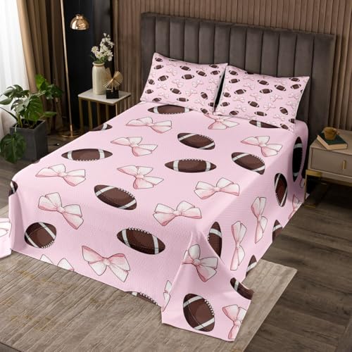 jejeloiu Football Quilted Coverlet Rugby Sports Bedspread for Kids Boys Girls Teens Pink Bow Coverlet Set Queen Size Cute Bowknot Room Decor Gift for Football Lover 3Pcs Breathable Soft Lightweight