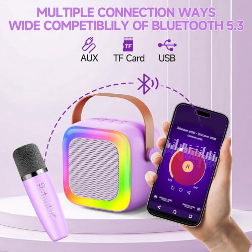 Image of MIni Karaoke Machine for Kids with 2 Wireless Microphones, Portable Bluetooth Speaker, LED Disco Lights & Voice Changer, Great Birthday Gift for Girls Ages 3-12, Perfect for Family Parties and Home