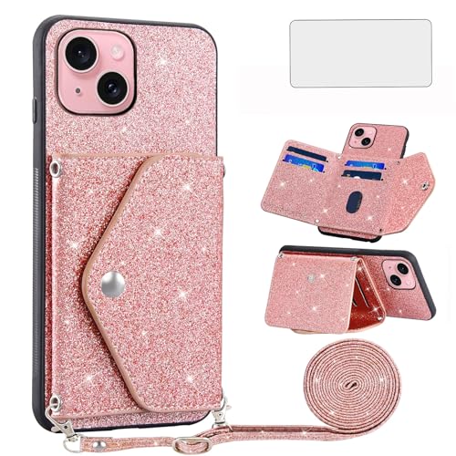 Coque portefeuille pour iPhone 15 à paillettes avec support vidéo