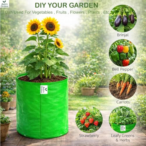 Image of Grow Bag UV Protected 260 GSM | HDPE Grow Bags for Plants | Heavy Duty Green Garden Plant Grow Bag with Drainage Holes | Reusable Vegetable Grow Bag for Terrace Gardening (2, 12X12 INCH)