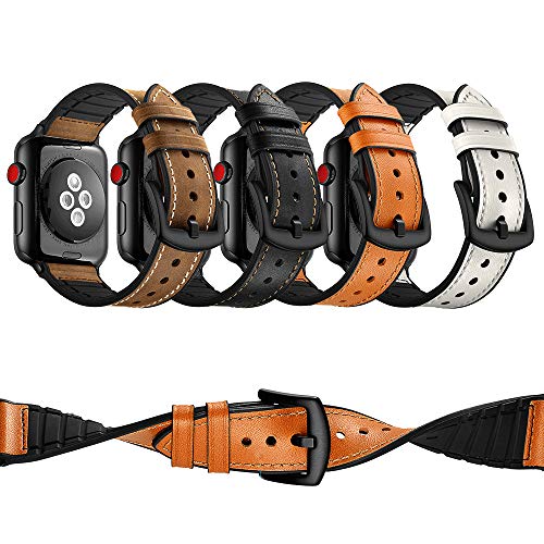 Echtleder Armband für Apple Watch Series 1/2/3/4/5/6/SE, Kalb Leder Silikon Uhr Ersatzband Uhrenarmbänder,Edelstahlschließe Einstellbar