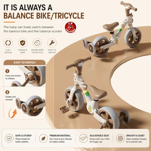 Image of 3-in-1 Kids Tricycle with Music & LED Light | Convertible Tricycle to Balance Bike | Ride-On Cycle for Kids10 Months to 3 Years (Brown)