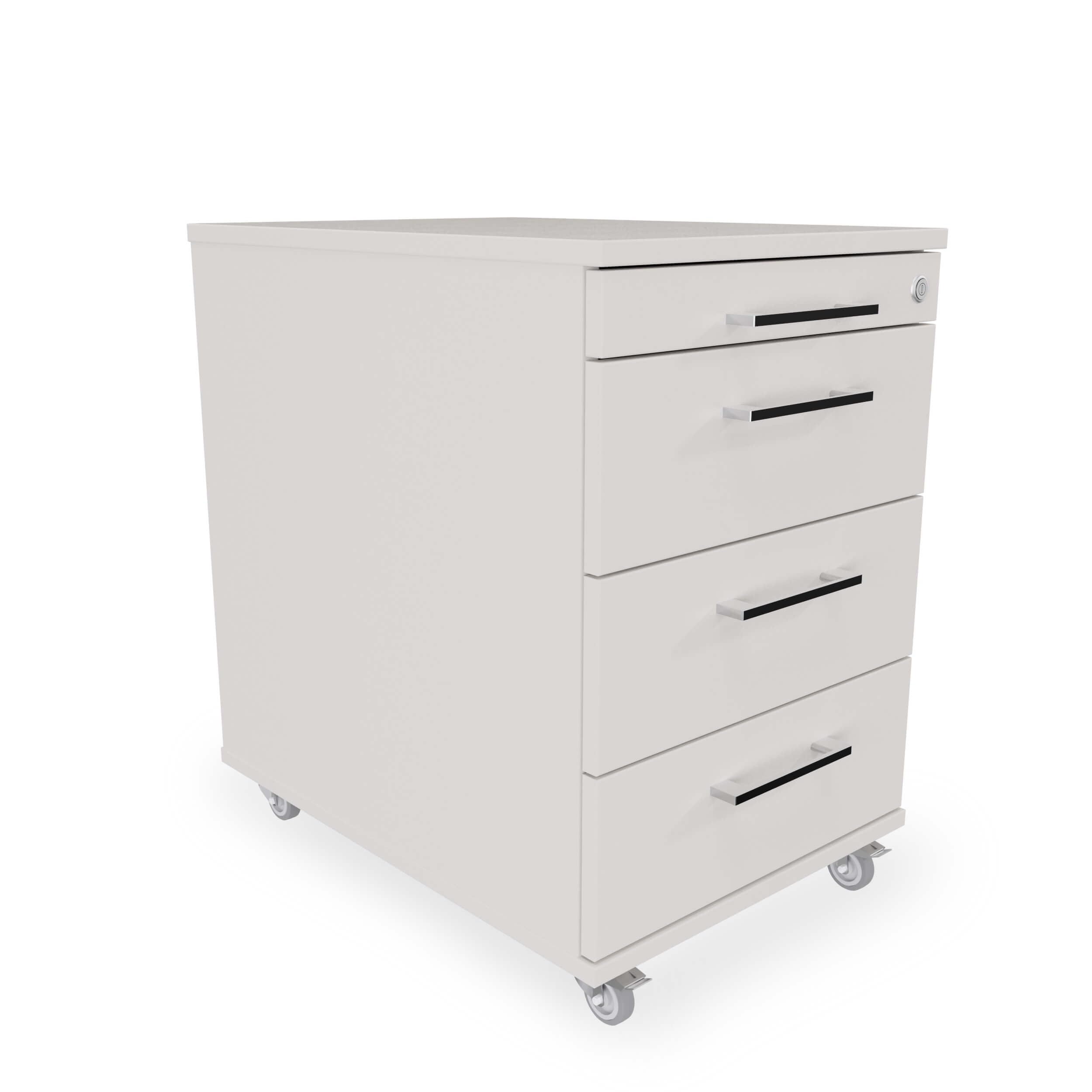Eigentlich Rollcontainer mit 3 Schubladen und Materialauszug, Büroschrank rollbar B43 x T60 x H65 cm versch. Farben, Schreibtischunterschrank abschließbar, hauseigene Fertigung (Lichtgrau)