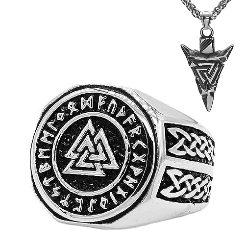 Bijoux vikings pour hommes avec bague motard et collier totem Valknut
