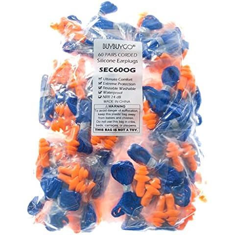 60 Pairs Corded Silicone Ear Plugs - Individually Wrapped - Reusable Noise Cancelling Earplugs for Hearing Protection - Shooting Range Noise Reduction, Construction Work, Hunting Ear Protection Cover