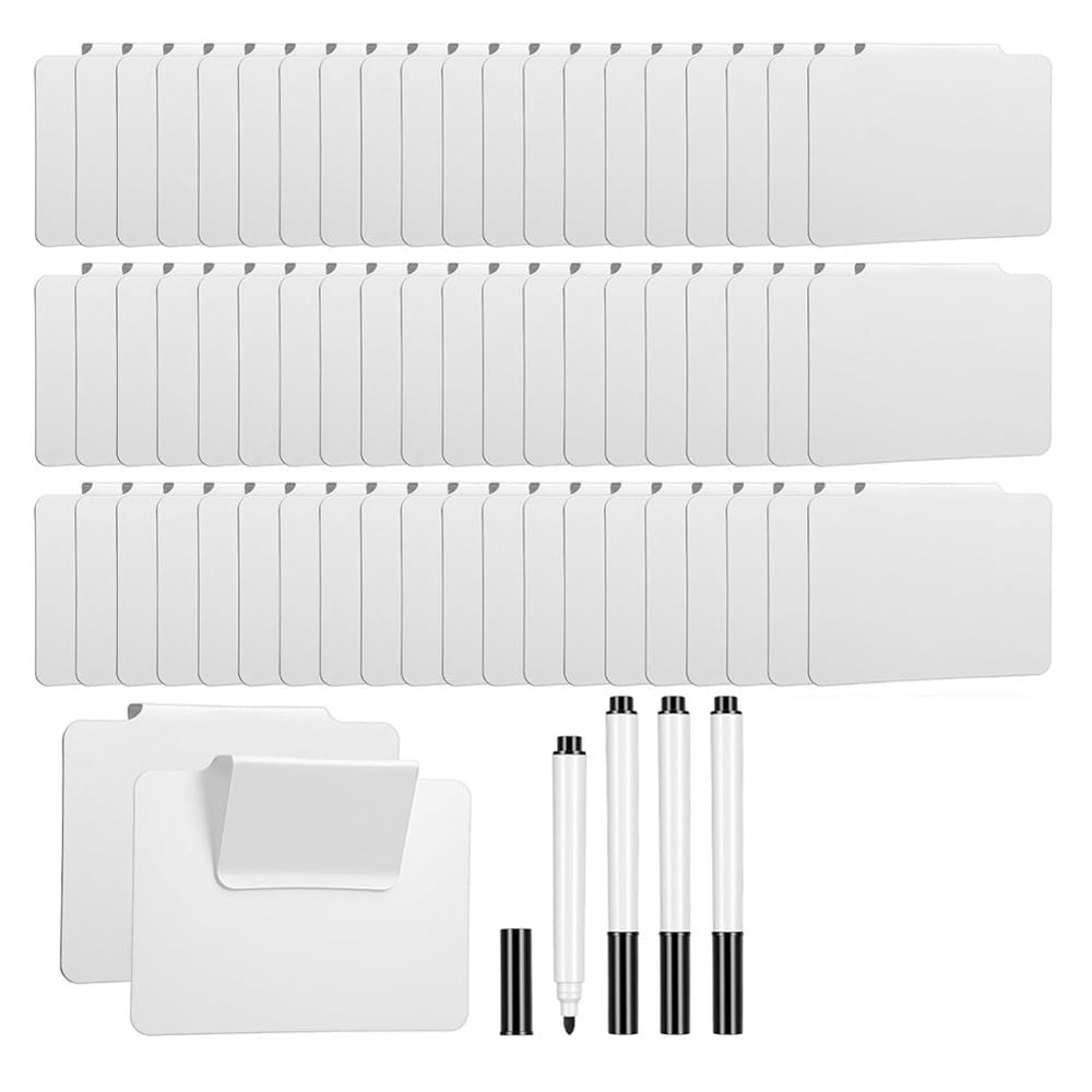 Xnuiasqe 64 Pcs Basket Labels Clip Set, 60 White PVC Clip-on Label Holders with 4 Erasable Chalk Markers for Storage Bins