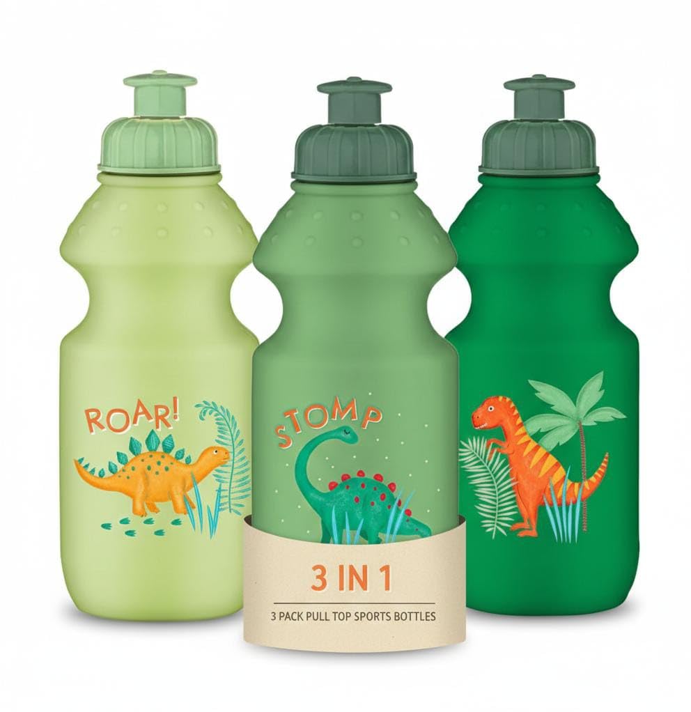 AAMEN Fun Animal Pull Top Sports Bottles for Kids, Leakproof Hydration Water Bottle for School & Travel, Squeeze Drink Containers for Boys & Girls (Dinosaur)