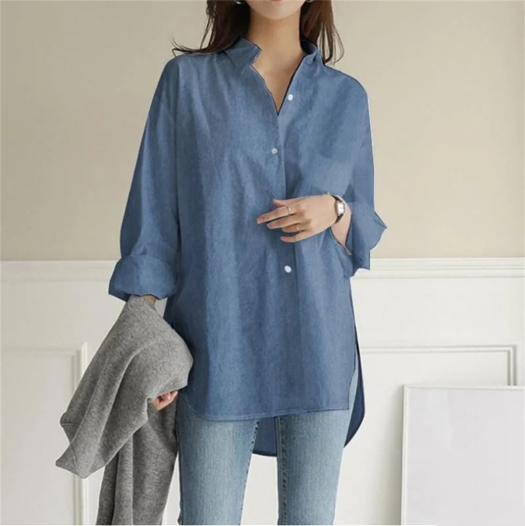 Élégante chemise ample décontractée en coton à boutons à manches longues irrégulière vintage chemisier de bureau