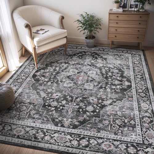AMOAMI-4X6 Area Rugs for Living Room -Soft Vintage Bedroom Rug-Non Slip Washable Rug-Throw Rugs for Living Room Bedroom Bedside Dining Room Office Dark Grey & Black Black & Dark Grey 4' x 6'