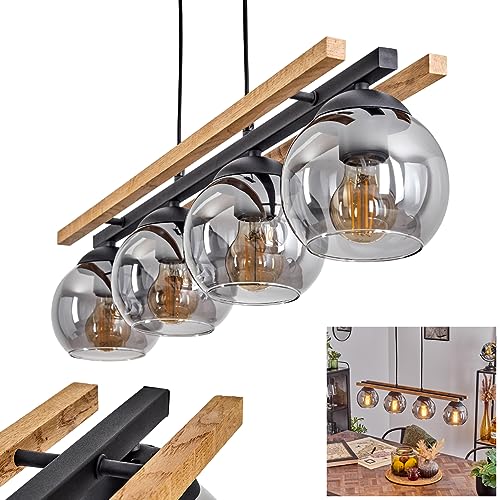 Suspension Podre, lampe à suspendre en métal/bois/verre en noir/nature/fumée, suspension avec abat-jour en verre (Ø 15cm), hauteur max. 120cm, 4x E27,...