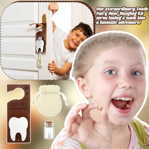 Image of DoubleFill Fairy Tooth Gift Holder Bag Door Hanger Lost Teeth Keepsake Box Tooth Fairy Kit Stores Back to School Gift for Lost Teeth Boy Girl Primary School Classroom Gifts(Classic,White)