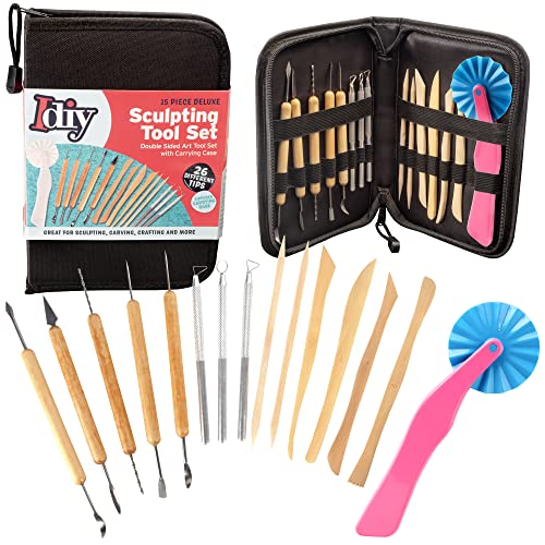 Pottery Tool Starter Kit - 15-Piece 26-Tool Beginner's Clay Ceramics Modeling Carving Sculpting Set -Arts and Crafts School Project, w Carrying Case, Birthday Gift for Kids, Summer Camp Activity