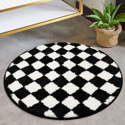 Sivilife Karierter runder Badteppich, maschinenwaschbar, schwarz und weiß,...