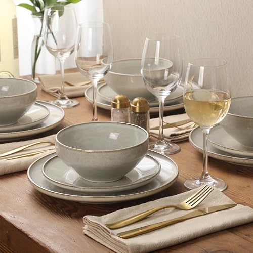 Image of Gibson Elite White Sands Plates and Bowls Sets, 12-Piece Stoneware Dinnerware Sets, Reactive Glaze Dish Set - Moonstone White