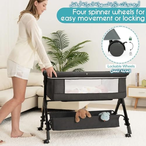 سرير جانبي للأطفال 3 في 1 مزود بعجلات وشبكة ناموسية من اكسيسين، سرير محمول سهل الطي وقابل للتعديل للأطفال حديثي الولادة