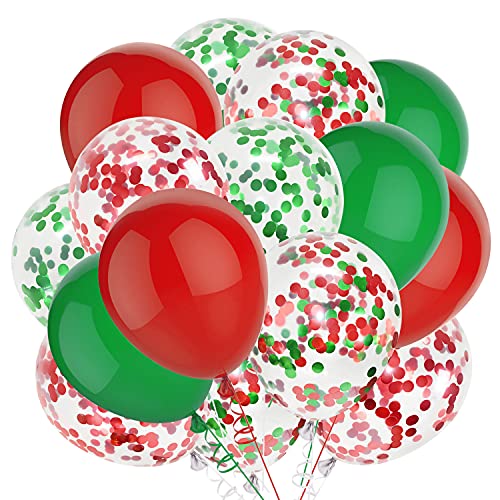 Image of TKEJZu 100 Pcs 12 Inch Red Green Confetti Balloons with Ribbons for Christmas, New Year, Birthday Parties