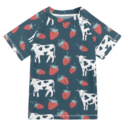 ALAZA Kids Rash Guard Toddler Swim Shirt Boy Girls Cow Strawberries UPF 50+ Short Sleeve 4T