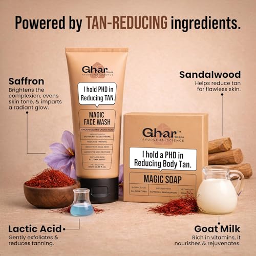 Image of Ghar Soaps Magic De-Tan Face Wash & Sandalwood Saffron Bath Soap | With Sandalwood, Saffron & Glutathione | Reduce Tan, Brightening & Glowing Skin | Handmade & Paraben-Free | For Men & Women
