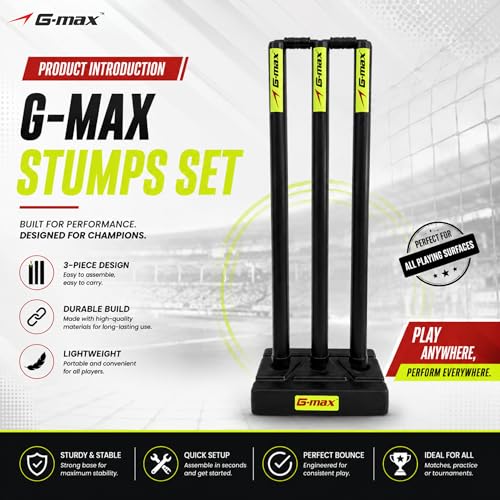 Image of G-Max Cricket Wicket Set - 30 Inch Plastic Stumps with Stand & Bails | Durable Cricket Wickets for Ground, Match, Tournament, Practice | Standard Size Cricket Kit for All Ages (Black)
