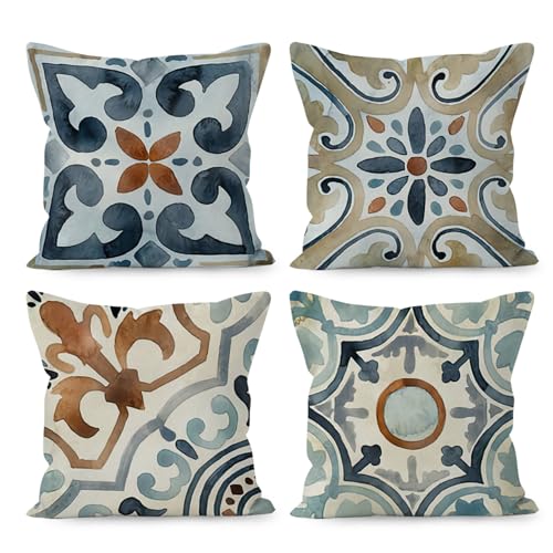 Boho Pillow Covers 18x18Boho Pillow CoverWatercolor Boho Bohemian Vintage Retro Floral Mandala Linen Throw Pillow Covers Set of 4Boho Decorative Living Room Bed Outdoor Decorations Decor