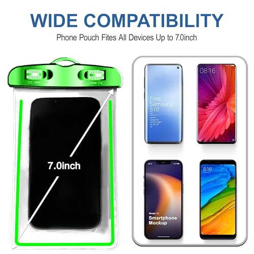 Image of CEDO Waterproof Mobile Pouch Universal Cover Case for All Mobiles, Cellphone Dry Bag Compatible for iPhone, Samsung, OnePlus, Realme, Redmi, Oppo, VIVO, All Smartphones Up to 7.2 inches (Green)