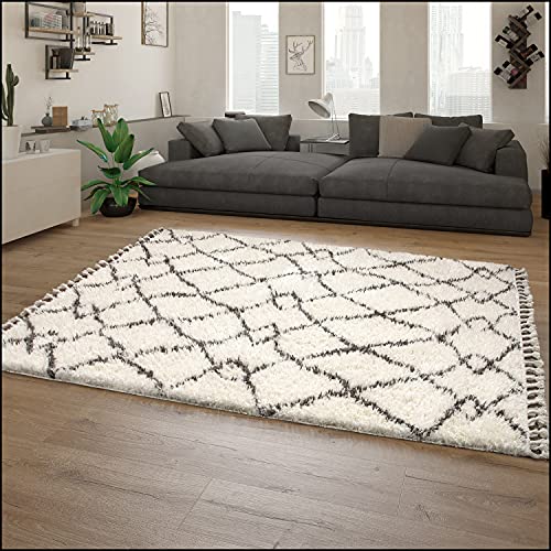 Paco Home Tapis Shaggy Tapis De Salon Scandinave Franges Moelleux Moderne, Poils Longs, Dimension:140x200 cm, Couleur:Crème