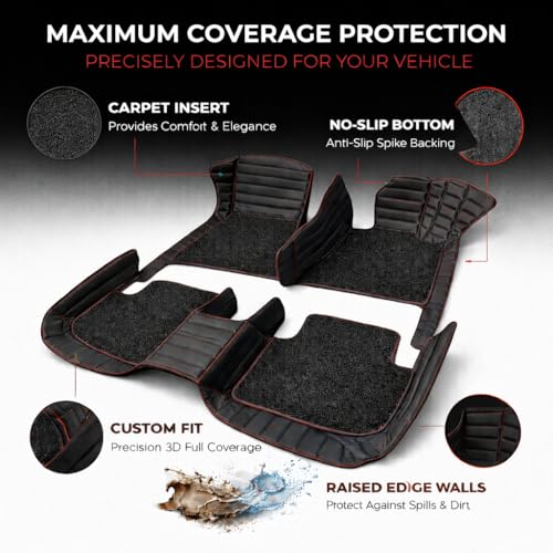 9D Car Floor Mat Full Set for Mercedes-Benz AMG GLE 43| Waterproof | Anti-Slip | Luxury Premium Leather Car Mat | Full Coverage | Custom Fitted Car Foot Mats (Black Red)