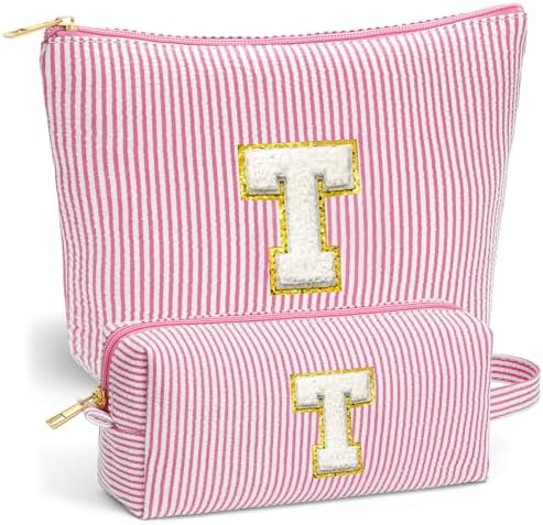 Initial Makeup Bag for Women - Travel Pouch, Portable Cosmetic Bag Make up Kit Pouch | Travel Essentials Cute Makeup Bag Birthday Gifts for Women, Pink Letter T