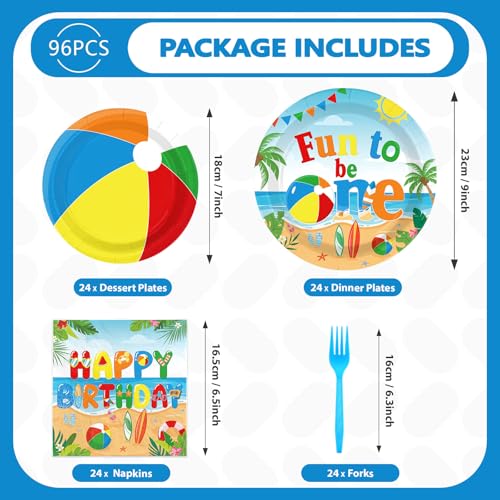 Image of Greencian 96Pcs Beach Ball 1st Birthday Summer Party Decorations, Serves 24 | Summer Beach Ball 1st Birthday Plates and Napkins Fun to Be One Tableware Set for Baby Shower Luau Pool Party Supplies