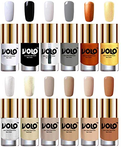 Volo Luxury Super Shine Nail Polish Set of 12 Vibrant Shades (Matte White, Black, Extra Shine Top Coat, Grey, Red Gold, Golden, Metallic Silver, Light Golden, Nude Tude)