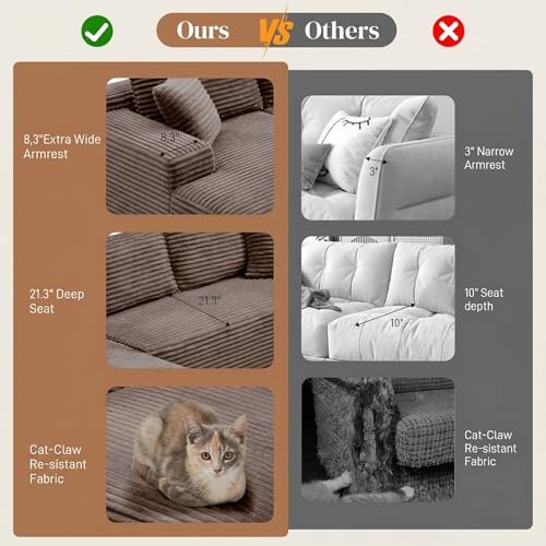 Image of 95 inch L Shaped Cloud Boneless Sectional Couches for Living Room, Modern Comfy Modular Deep Seat Memory Foam Compressed Corduroy Sofa Oversized Left Facing Chaise, No Assembly Required, Brown