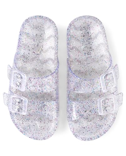 Image of The Children's Place Girls Double Buckle Slip On Slide Sandals, White Paint Splatter
