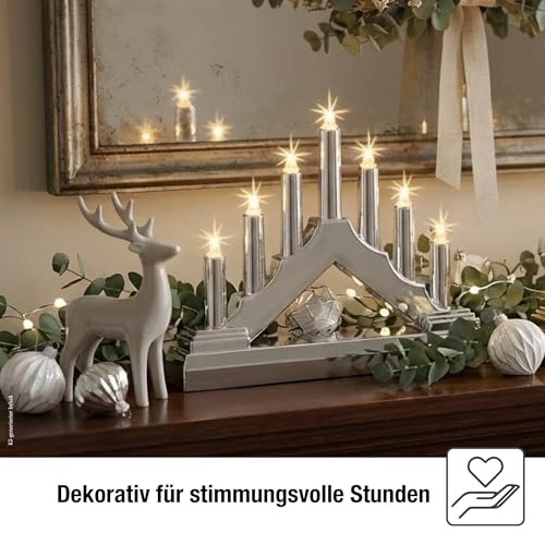 Hellum, LED-Kerzenleuchter, Schwibbogen, Kunststoff, Silber, 7 warm-weiße LEDs, 16x13 cm, Indoor, batteriebetrieben (2AA), Weihnachts-Dekoration, 520934 – Bild 5