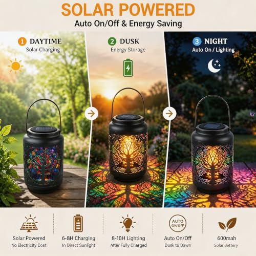 OCEYVI Tree of Life Solar Lantern Outdoor, Decorative Metal Solar Hanging Light with Colorful Light Pattern, Waterproof Garden Lantern for Patio, Yard, Porch, Balcony, Gifts for Women Mom Grandma by OCEYVI - Used condition - Image 3