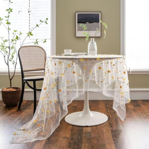 Poowe Rectangular Table Cloth Lace Vintage Tablecloth Shabby Chic Embroidered Oblong Tablecover for Wedding Banquet Holiday Long Dinner Tables (Yellow Relief Lace, 39