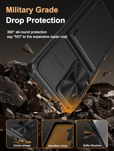 Image of Vihibii for Samsung Galaxy S24+ Back Cover with Card Holder (4 Cards) & Slide Camera Cover & Kickstand, Shockproof Rugged Hard Back & TPU Soft Edge Case for Galaxy S24 Plus, Black