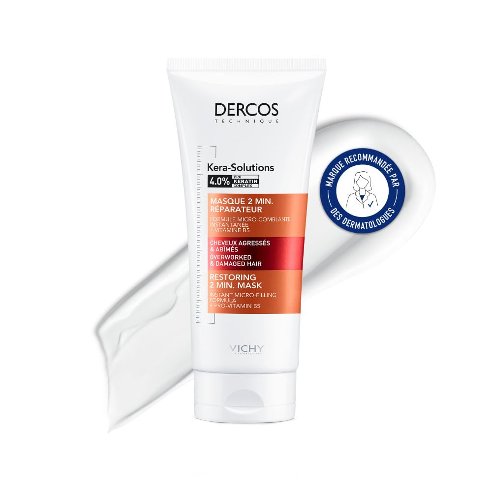 Vichy, Dercos, Kera-Solutions, Masque Réparateur 2 Min pour Cheveux Agressés & Abîmés, Répare et Renforce les Cheveux, 200ml