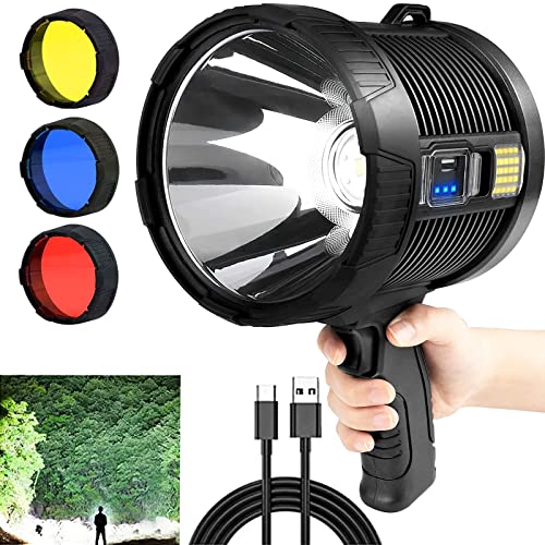 Uhanciny Rechargeable Spotlight Flashlight, Solar 300000 Lumens Led Spot Lights Outdoor Handheld Large High Lumens Super Bright Searchlight With 6 Modes, 3 Colored Lenses, Usb Output, Ipx6 Waterproof #TOP3