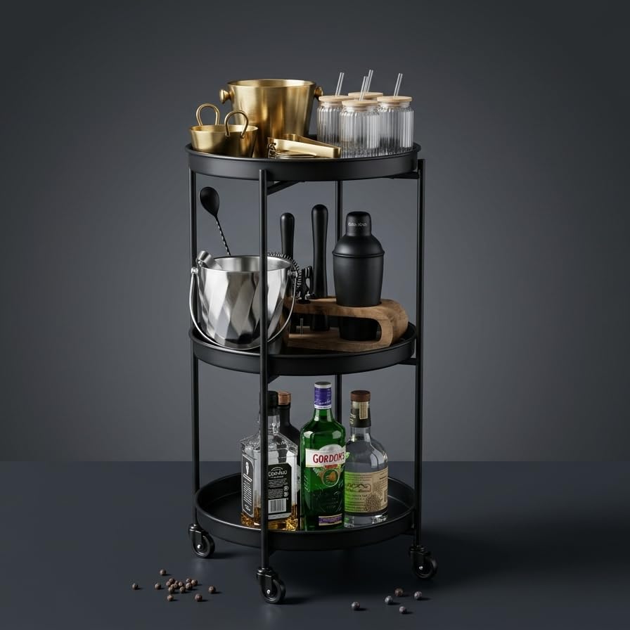 CAR-O-BAR Premium Multipurpose Bar Cart | 3-Tier Bar Trolley for Home | 360 Degree Swivel with Locking Mechanism | Perfect Bar Trolley for Home & Kitchen | Ht 2.5ft x Width 1.2ft