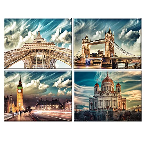 Piy Painting Cuadro en Lienzo Arquitectura Europea 4 Piezas Vistas a la Ciudad Impresiones de Lienzo Arte Retro Edificio Impresión Artistica Imagen para Salón Dormitorio Oficina Decoración 30x40 cm Cover