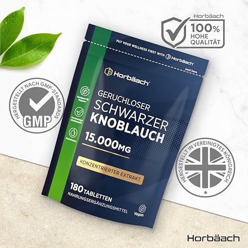 Schwarzer Knoblauch 15.000mg | 180 Schwarze Knoblauchtabletten | aus konzentrierter Knoblauchextrakt | Hochdosiert und Vegane | Aged Black Garlic Supplement | von Horbaach