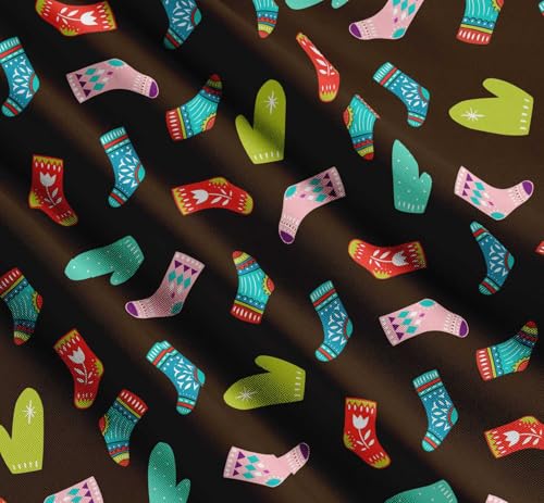 Image of Soimoi Brown Cotton Voile Fabric Socks & Gloves Folk Art Fabric Prints By Meter 42 Inch Wide