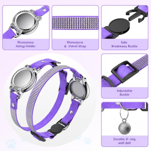 Image of Cat Collar Breakaway, Rhinestone Velvet Cat Collars with Holder and Bell, Adjustable Comfortable GPS Tracker Cat Collar for Girl Boy, Kittens, Puppies(Purple)