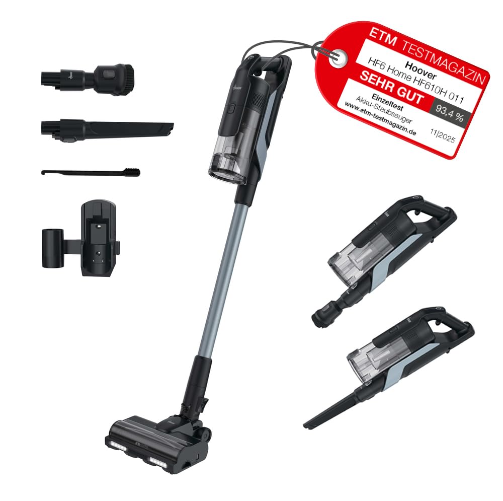 Hoover HF6 Akkustaubsauger mit Bodensensor, Dual Way Clean, bis zu 100Min Laufzeit, Anti-Twist Bürstenrolle, Doppelte Kantenreinigung, QuickPark, tragbar, 660 W [HF610H]