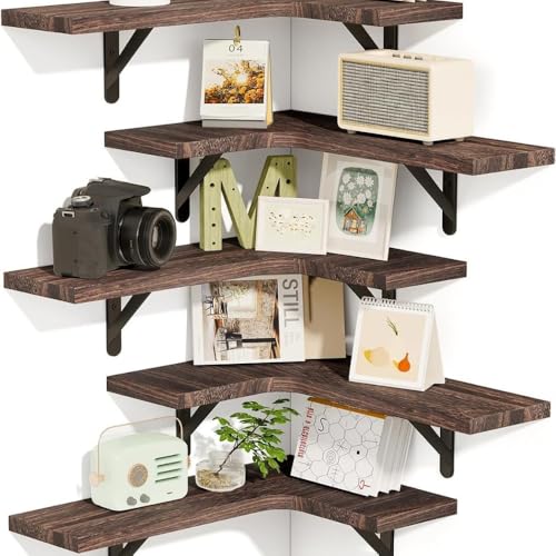 ウォールラック、壁掛け棚、棚、木製ウォールラック、リビングルームコーナー収納ラック、多層、吊り下げ木製収納ラック (ダークブラウン,L字型5個パック)