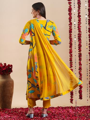 Image of GoSriKi Women's Rayon Blend Straight Printed Kurta with Pant & Dupatta