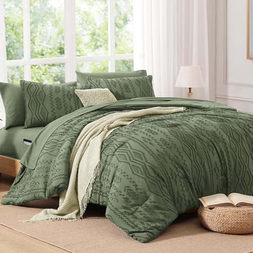 Image of AMBERSPACE Queen Comforter Set Olive Green, Tufted Farmhouse Bedding Boho Bed Set, All Season 7 Pieces Bed in a Bag with Sheets, Pillowcases & Shams