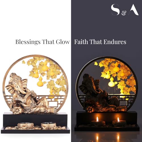 Image of S & A Antique Ganesha Idol with Backlit Design - Decorative Pooja Room & Home Decor Showpiece | Includes Diya & Pebble Arrangement | Festive & Gifting Accent | 26 cm